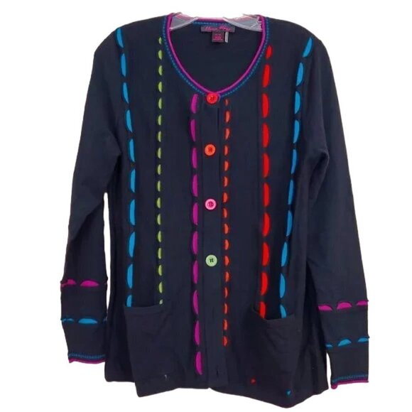 Elena Wang Soft Button Front cardigan sweater Colorful Accents Sz M - Picture 1 of 6